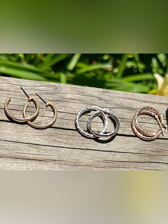Jewelry - Set of 3, Twisted Hoop Earrings - Gold, Silver, Rose Gold